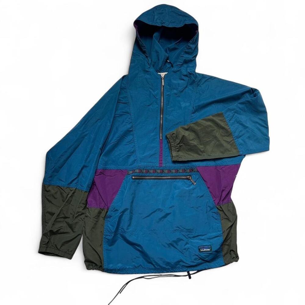 L.L. Bean Vintage 90s Blue Colorblock Anorak Packable Windbreaker Jacket XXL